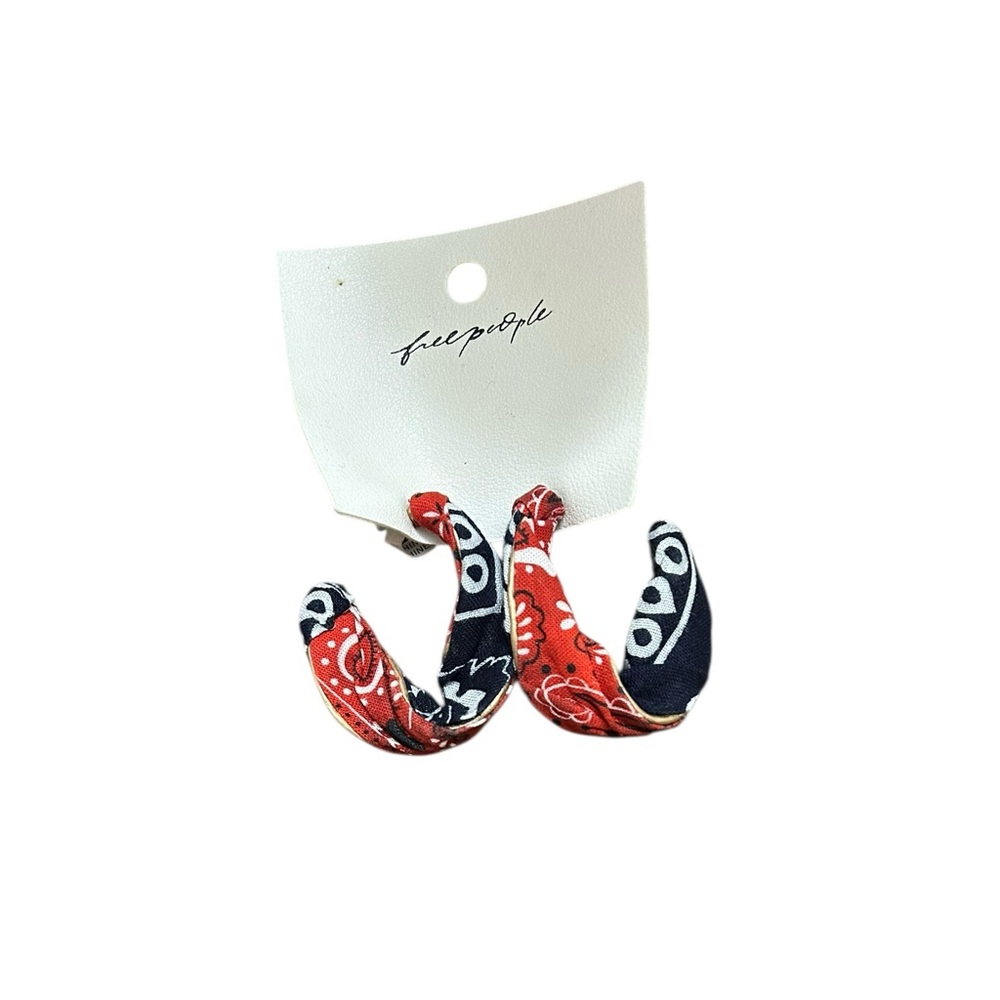 Free People brand paisley bandana print hoop earrings.